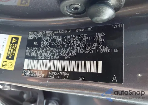 2012 Toyota Highlander Se V6 из США, поврежденный, VIN 5TDBK3EHXCS121798